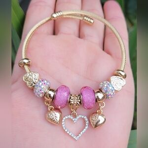 Heart Charm Gold Plated Cable Bracelet Pink Beads Crystal Cuff 7"